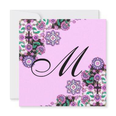 TOPKAPI BLACK WHITE DAMASK MONOGRAM pink silver Invitations