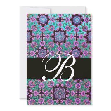 TOPKAPI BLUE BLACK DAMASK MONOGRAM pink green Invitations