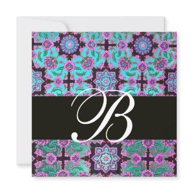 TOPKAPI BLUE BLACK DAMASK MONOGRAM pink green Invitations