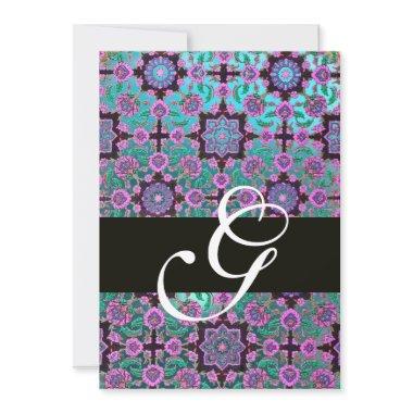 TOPKAPI BLUE BLACK DAMASK MONOGRAM pink green Invitations