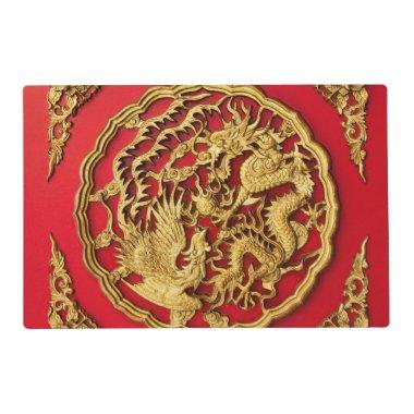 Traditional Dragon Phoenix Red Gold Asian Art Placemat