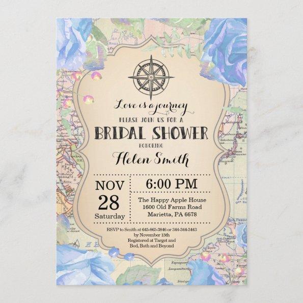 Travel Blue Floral Bridal Shower Invitations