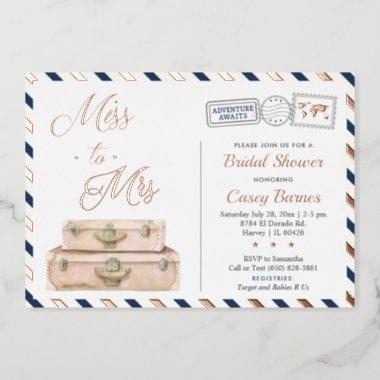 Travel Bridal Shower, Miss to Mrs Navy Rose Gold Foil Invitations
