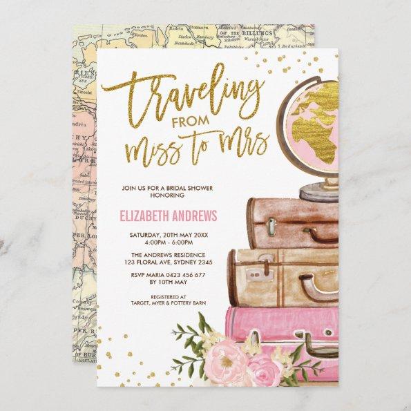 Travel Map Bridal Shower / Pink Gold Floral Invitations