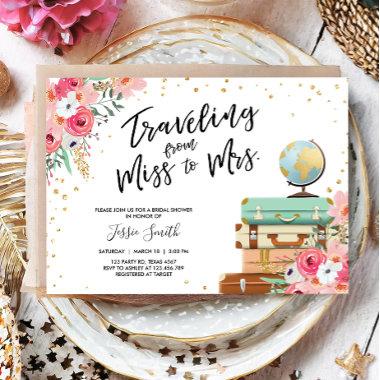 Travel Miss to Mrs Pink Floral Bridal Shower Invitations