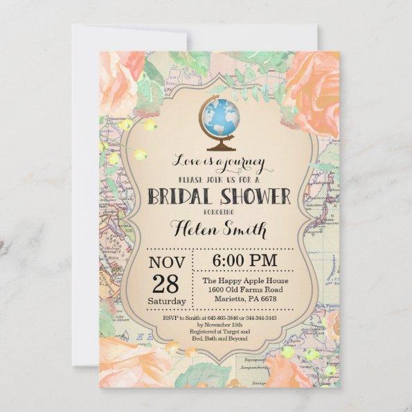 Travel Peach Floral Bridal Shower Invitations
