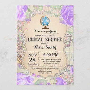 Travel Purple Floral Bridal Shower Invitations