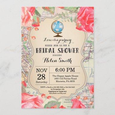Travel Red Floral Bridal Shower Invitations