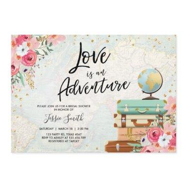 Travel themed Bridal shower Love is Adventure Pink Invitations