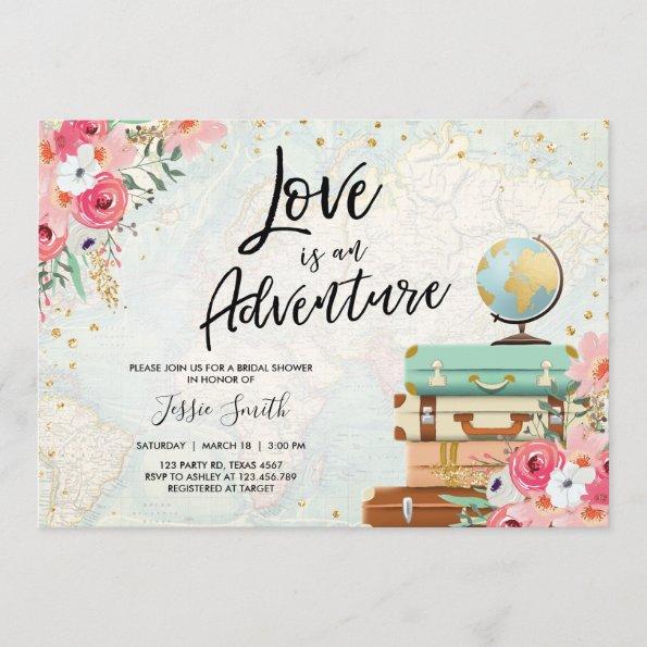 Travel themed Bridal shower Love is Adventure Pink Invitations