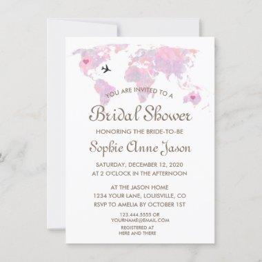 Travel Wedding Watercolor World Map Bridal Shower Invitations