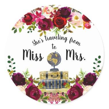Traveling from Miss to Mrs bridal shower favor Classic Round Sticker
