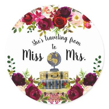 Traveling from Miss to Mrs bridal shower favor Classic Round Sticker