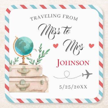 Traveling from Miss to Mrs Travel Bridal Shower Square Paper Coaster