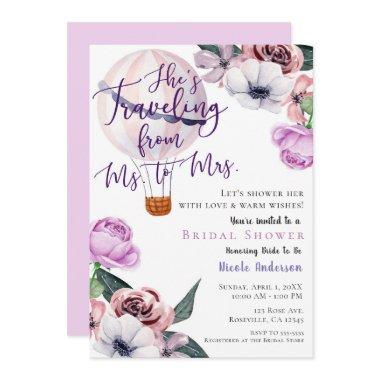 Traveling From Ms. to Mrs. Bridal Shower lavender Invitations