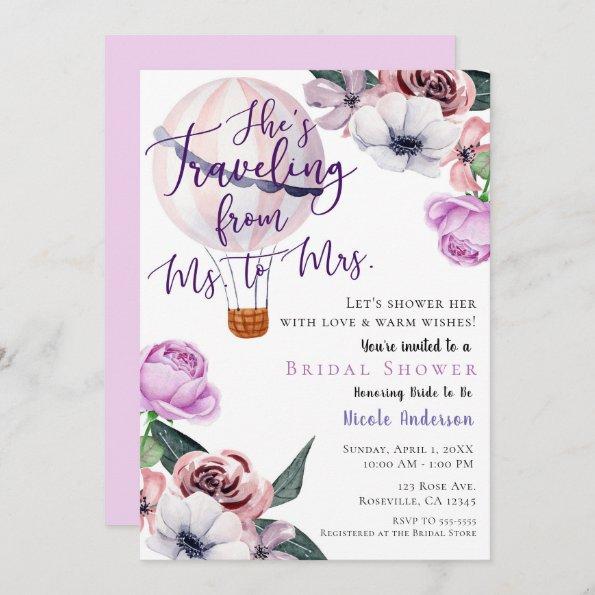 Traveling From Ms. to Mrs. Bridal Shower lavender Invitations