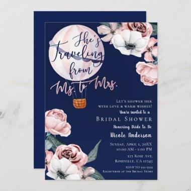 Traveling From Ms. to Mrs. Bridal Shower Pink Blue Invitations
