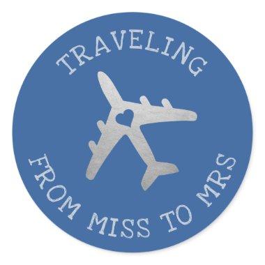 Traveling Miss to Mrs Blue Airplane Favor Label