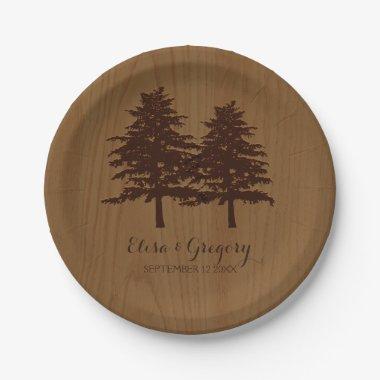 Trees on wood brown woodland wedding paper plates