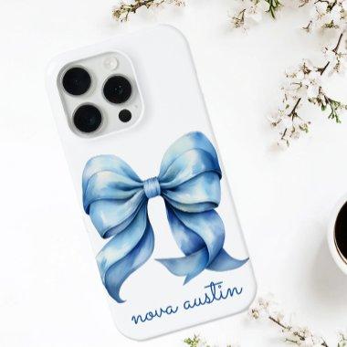 Trendy Blue Bow Personalized With Name Monogram iPhone 15 Pro Case