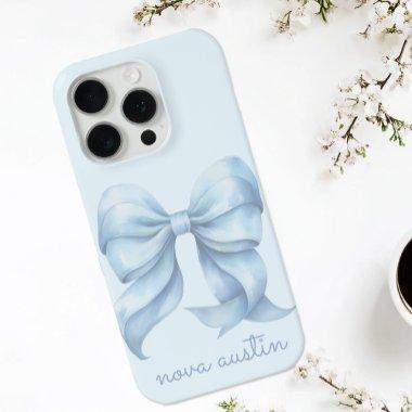 Trendy Blue Bow Personalized With Name Monogram iPhone 15 Pro Case