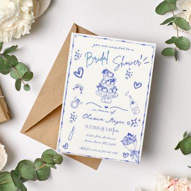 Trendy Blue Hand Drawn Scribble Fun Bridal Shower Invitations