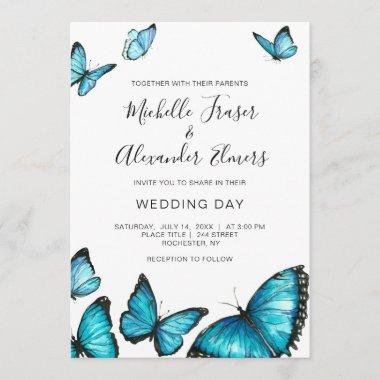 Trendy blue watercolor butterflies. Wedding Invitations