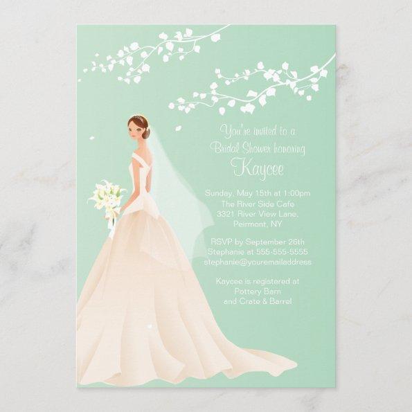 Trendy Green BRUNETTE Bride Bridal Shower Invite