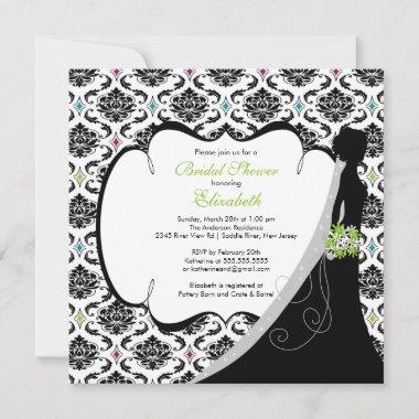 Trendy Green Damask Bride Bridal Shower Invite