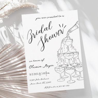 Trendy Hand Drawn Champagne Tower Bridal Shower Invitations