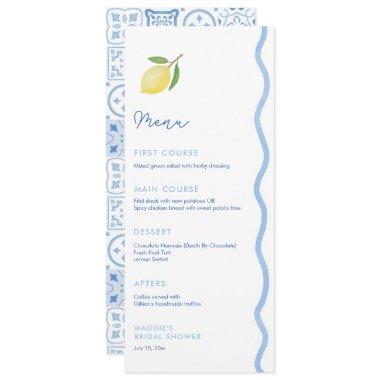 Trendy Light Blue Wavy Edge Lemons Wedding Shower Menu