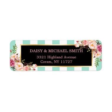 Trendy Mint Green Stripes Pink Flowers Wrapping Label