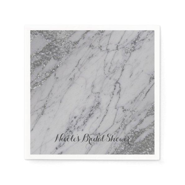Trendy Modern Marble Silver Glam Wedding Party Paper Napkins