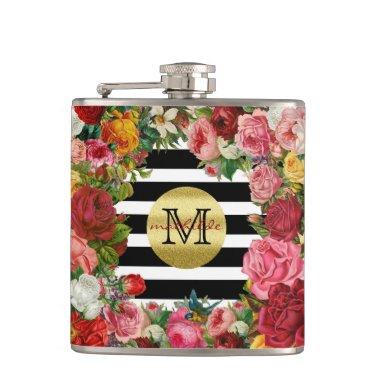 Trendy Monogram Stripes Roses Flowers Gold Glitter Flask