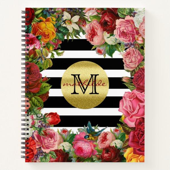 Trendy Monogram Stripes Roses Flowers Gold Glitter Notebook