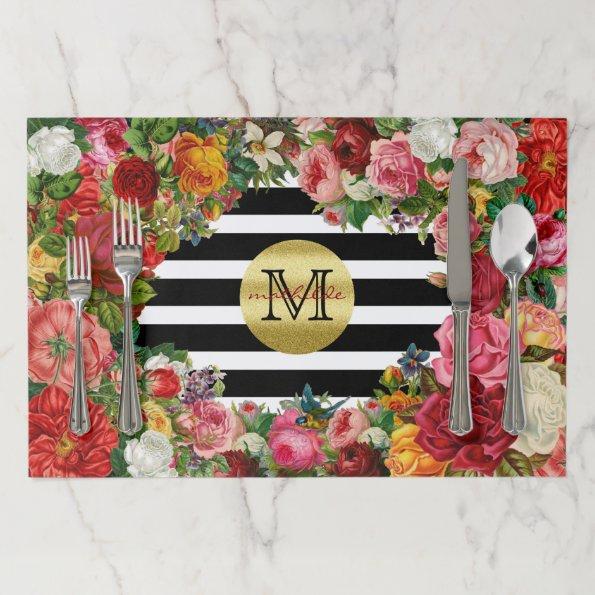 Trendy Monogram Stripes Roses Flowers Gold Glitter Paper Placemat