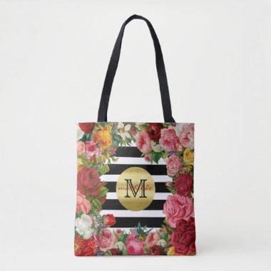Trendy Monogram Stripes Roses Flowers Gold Glitter Tote Bag