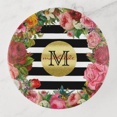 Trendy Monogram Stripes Roses Flowers Gold Glitter Trinket Tray