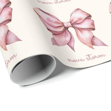 Trendy Pink Bow Personalized With Name Monogram Wrapping Paper