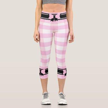 Trendy Pink White Checkered Pattern & Pink Bows Capri Leggings