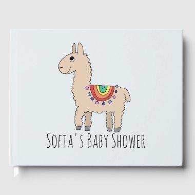 Trendy Rainbow Llama Cartoon and Name Baby Shower Guest Book