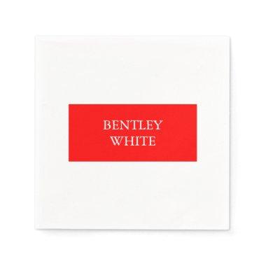 Trendy Red White Stylish Simple Plain Your Name Napkins