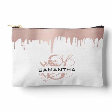 Trendy Rose Pink Gold Metallic Drips Monogram Accessory Pouch