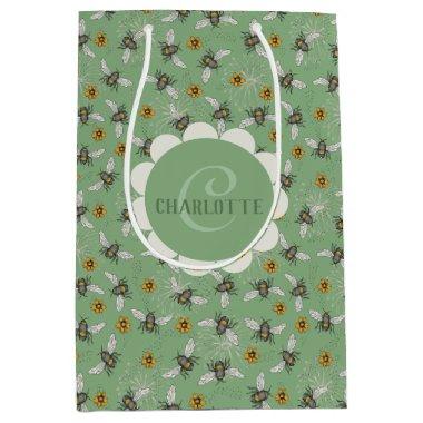 Trendy Sage Green Buzzing Honeybee for Summer Medium Gift Bag