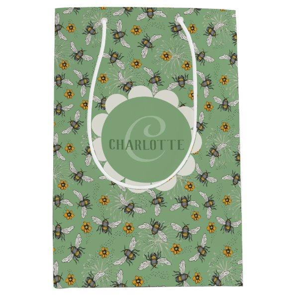 Trendy Sage Green Buzzing Honeybee for Summer Medium Gift Bag