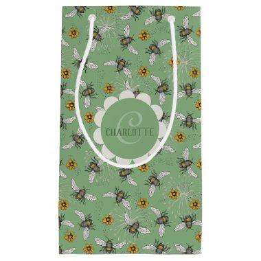 Trendy Sage Green Buzzing Honeybee for Summer Small Gift Bag