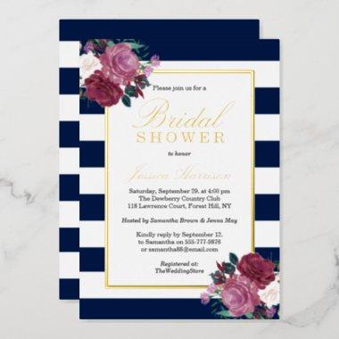 Trendy Stripes Floral Bridal Shower Real Foil Invitations