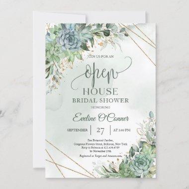Trendy succulents green and white gold Open House Invitations