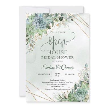 Trendy succulents green and white gold Open House Invitations