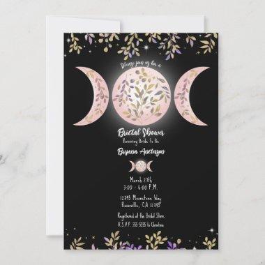 Triple Moon Goddess Botanical Black Bridal Shower Invitations